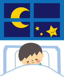 夜空に浮かぶ月と星の元で眠る男の子